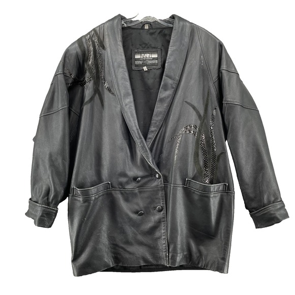 Vintage 80's Black Leather Jacket Women 14 Shoulder Pads Blazer Coat Rocker Chic - Picture 1 of 16